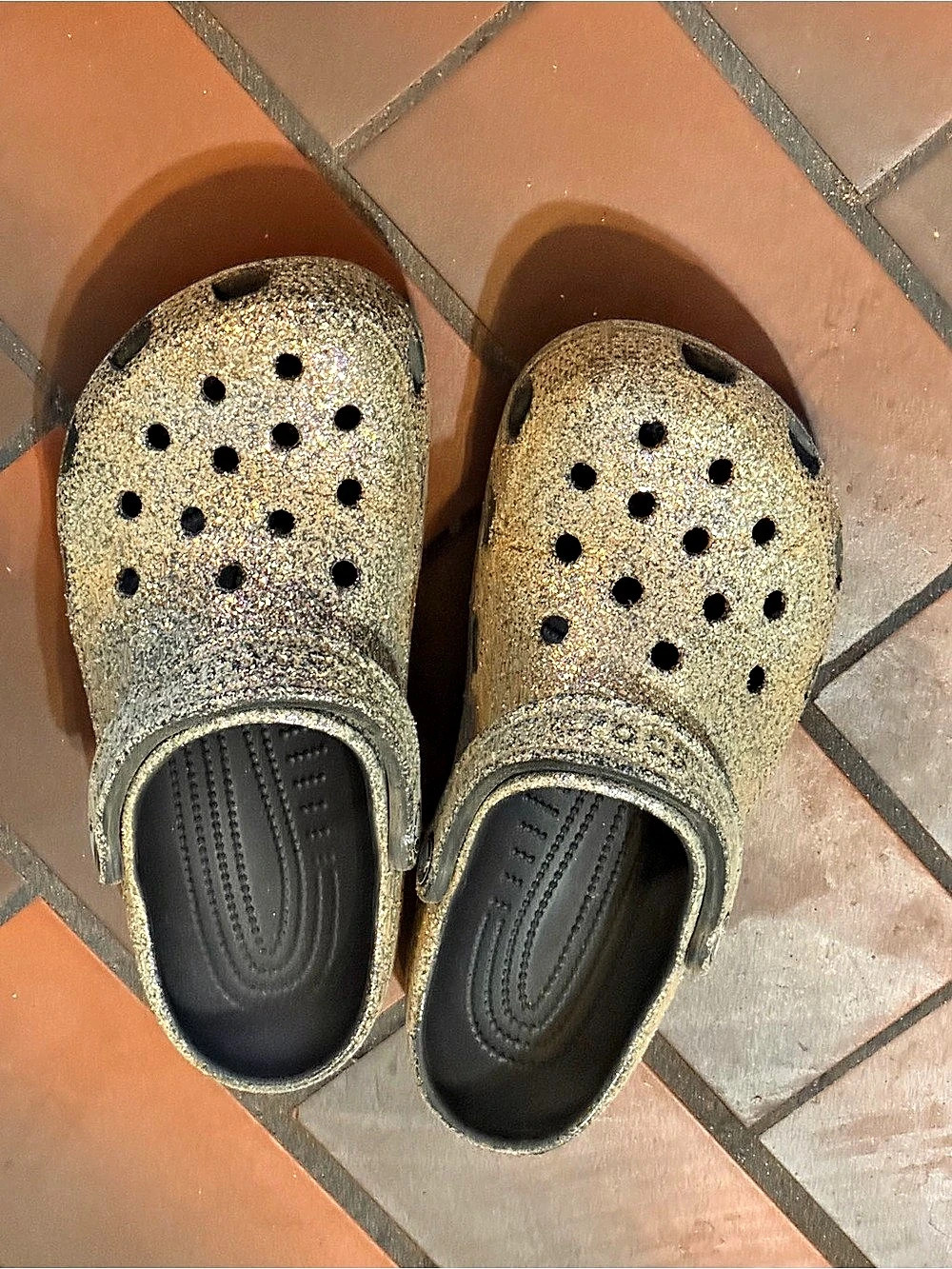 Crocs Classic Glitter Clog Sandals in silver glitter